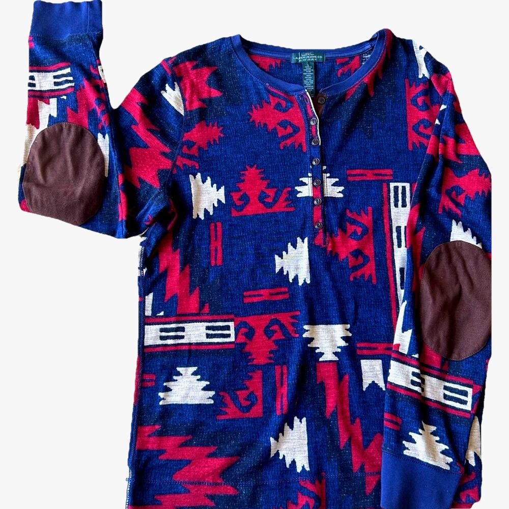 Ralph Lauren henley Aztec knit shirt womens M elbow pad long sleeve VTG 90S